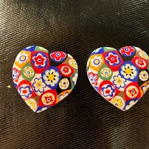 Millefiori ceramic clip on Heart earrings